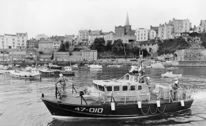 A modern self righting lifeboat, the Tyne class lifeboat 47-010 RFA Sir Galahad, at Tenby