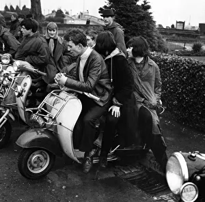 Mods gather on the sea front at Clacton on their scooters over the 1964 Easter weekend