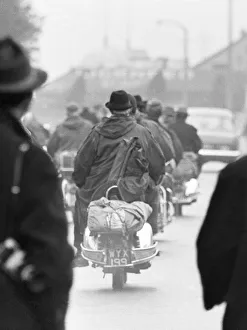 Mods on their scooters seen here leaving Clacton at the end of the bank holiday weekend