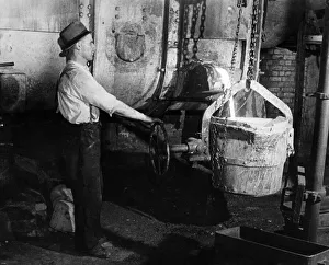 Molten metal draining from one of the furnaces at Ford Motor Factory in Dagenham, Essex