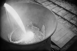 Molten steel is poured into a cauldron at the Ford automotive factory in Dagenham