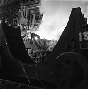 Molten steel is tapped off from one of the open hearth furnaces at the Stocksbridge
