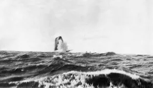 German Navy Prints: The moment the torpedo from a German U-boat strikes a Allied steamer