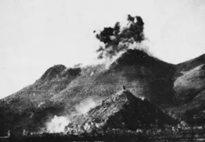 Mountains Prints: Monte Cassino monastery during bombing attack by Allied Flying Fortresses