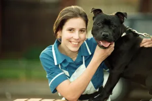 Moochy the Staffordshire Bull Terrier meets Vicky Derby