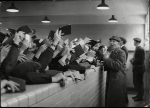 King Prints: Morning call - foremen choose their workers during the morning call at King George Dock