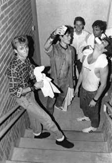 Morten Harket, lead singer of the Norwegian pop group A-ha with the rest of the group