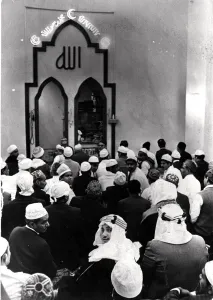 Muslim Prints: The Moslem community in Cardiff - The packed Mosque at the Islamic Centre, Butetown
