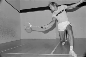 World Champion Prints: Motor Racing Driver James Hunt playing squash Picture taken circa 1st August