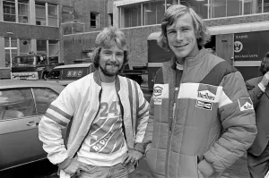 World Champion Prints: Motor Racing Driver James Hunt (right) and Radio One DJ Noel Edmonds (left