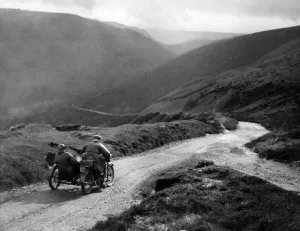 Adventure Prints: Motorcycle and sidecar competing in the Liverpool Motor Club Reliance Cup descending down