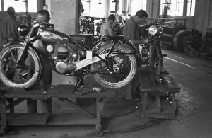 Automotive Prints: Motorcycles being assembled on the production line at the Bianchi factory in Milan