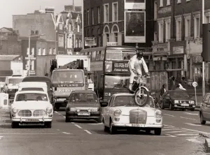 Stunt Prints: Motorcyclist Stephen Bach found a novel way of beating traffic jams
