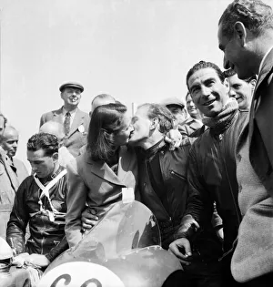 Motorsport. Isle of Man TT Races 1953 Les Graham receives the victors kiss