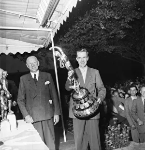 00024 Prints: Motorsport. Isle of Man TT Races 1953 Ray Aman with Trophy