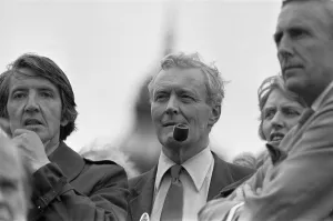 Demonstrations And Rallies Prints: MP Dennis Skinner (left) stands alongside Tony Benn on the platform of the Labour Party