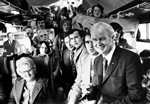 Nationalist Prints: MP Gwynfor Evans pictured with his supporters on the train bound for London