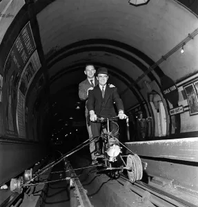 Tube Prints: Mr B F Harris on a specially constructed cycle on which he makes his nightly inspection