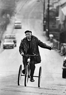 Cycling Prints: Mr Booyer on his 87 year old tricycle riding through the streets of Bedwas, Wales