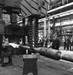 Mr David Ennals MP Under Secretary for the Army, seen here in the forge shop of