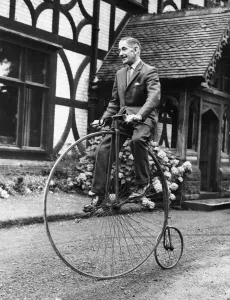 Cycling Prints: Mr Frederick Witts with his penny farthing bicycle at his home in Bryncoch, Neath, Wales