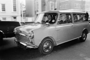 Motoring Prints: Mr Geoffrey Rippon being driven in his chauffeur driven electric mini