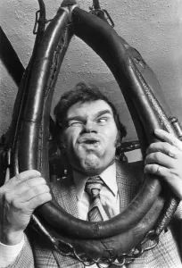 Mr. Gordon Mackinson, seen rehearsing for the start of the World Gurning championships