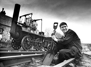 Mr. Jim Rees at Beamish Museum with a full scale replica of George Stephenson