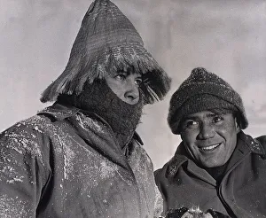Protective Clothing Prints: Mr & Mrs Feilding wearing a tibetian like outfit straw hat in the snow