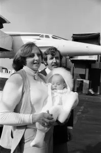 Concorde Prints: Mr and Mrs Frith with their 6 month old daughter Kathy on their arrival at Heathrow