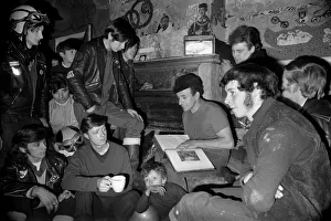 00032 Prints: Mr. Ted Wood of Birch, near Manchester reads the Bible to Hell Angels Club during a