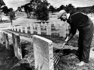 00493 Prints: Mr Thomas Fox tidying graves at the German War Cemetery on Cannock Chase