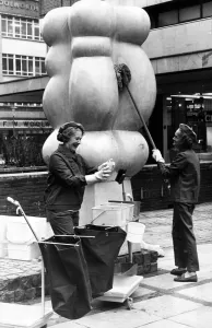 Statue Prints: Mrs Elsie Wardle (left) and Mrs Betty Gee get to work on cleaning up the plastic statues