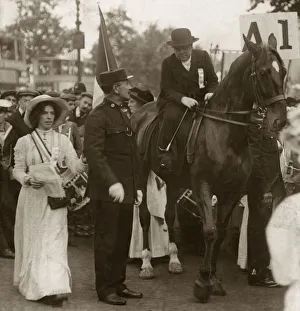 Rights Prints: Mrs Flora Drummond Suffragette riding on horseback June 1910 leads a procession