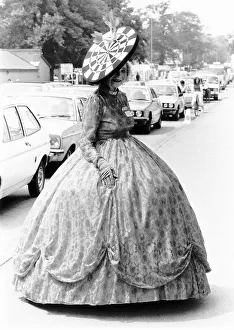 Mrs Gertrude Shilling at Royal Ascot with a dartboard hat creation June 1984