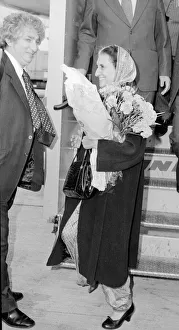 Head Scarf Prints: Mrs Indira Gandhi Indian Prime Minister seen here arriving at Heathrow airport