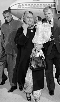Head Scarf Prints: Mrs Indira Gandhi Indian Prime Minister seen here arriving at Heathrow airport