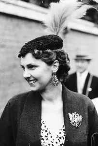 1950s Fashion Prints: Mrs Jeffery Fairbain from Australia at Royal Ascot in June 1953 Dragon style