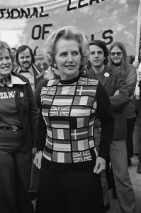 European Union Prints: Mrs Margart Thatcher displaying her more pro-European side at a rally in Parliament