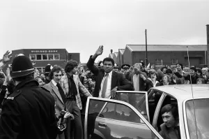 Muhammad Ali waving to fans in Birmingham. 7th June 1979