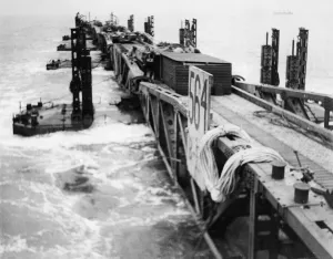 The Mulberry B harbour Port Winston'pre-fabricated port at Gold Beach