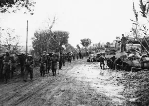 Tank Prints: Mule train passing a bogged Sherman tank on the 8th Army front. 4th December 1943