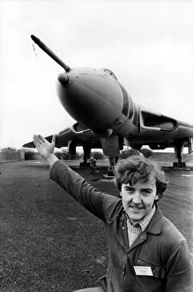 Museums Prints: Museum manager, Ian Bowes, shows the refuelling probe on the nose of the Avro Vulcan