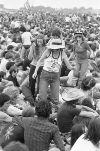 Jeans Prints: Music fans at The Picnic pop concert at Blackbushe Aerodrome 15th July 1978