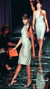 1990s Fashion Prints: Naomi Campbell models one of the dresses from the first ever collection designed by
