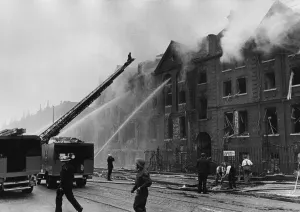 Firefighter Prints: National Fire Service attend the scene of destruction after flying bomb crashed