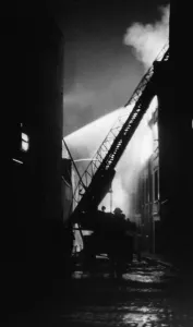 Firefighter Prints: National Fire Service at work on turntable ladders to put out a fire in Brittania Row