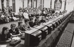 National Space Invaders Championships 1981 A row of young enthusiasts playing to