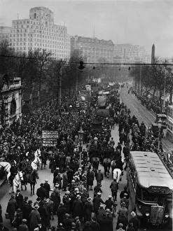 A National Unemployment demonstration showing the procession moving along the Embankment