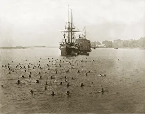 Excercise Prints: Naval cadets taking a swim around the Training ship Mercury a former Royal Navy ship of